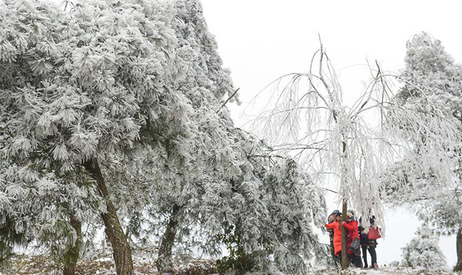 Tourists enjoy frost scenery in Guiyang, SW China's Guizhou