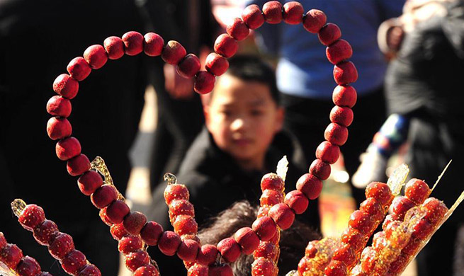 Tanghulu sold during activity to greet upcoming Lantern Festival in north China's Hebei