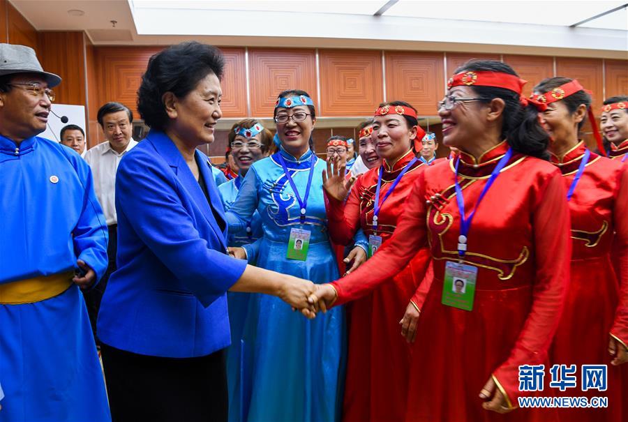 8月9日，中共中央政治局委員、國務(wù)院副總理、中央代表團(tuán)副團(tuán)長劉延?xùn)|率中央代表團(tuán)二分團(tuán)到赤峰看望慰問各族干部群眾。這是劉延?xùn)|在赤峰市群眾藝術(shù)館和群眾親切交談。新華社記者 連振 攝